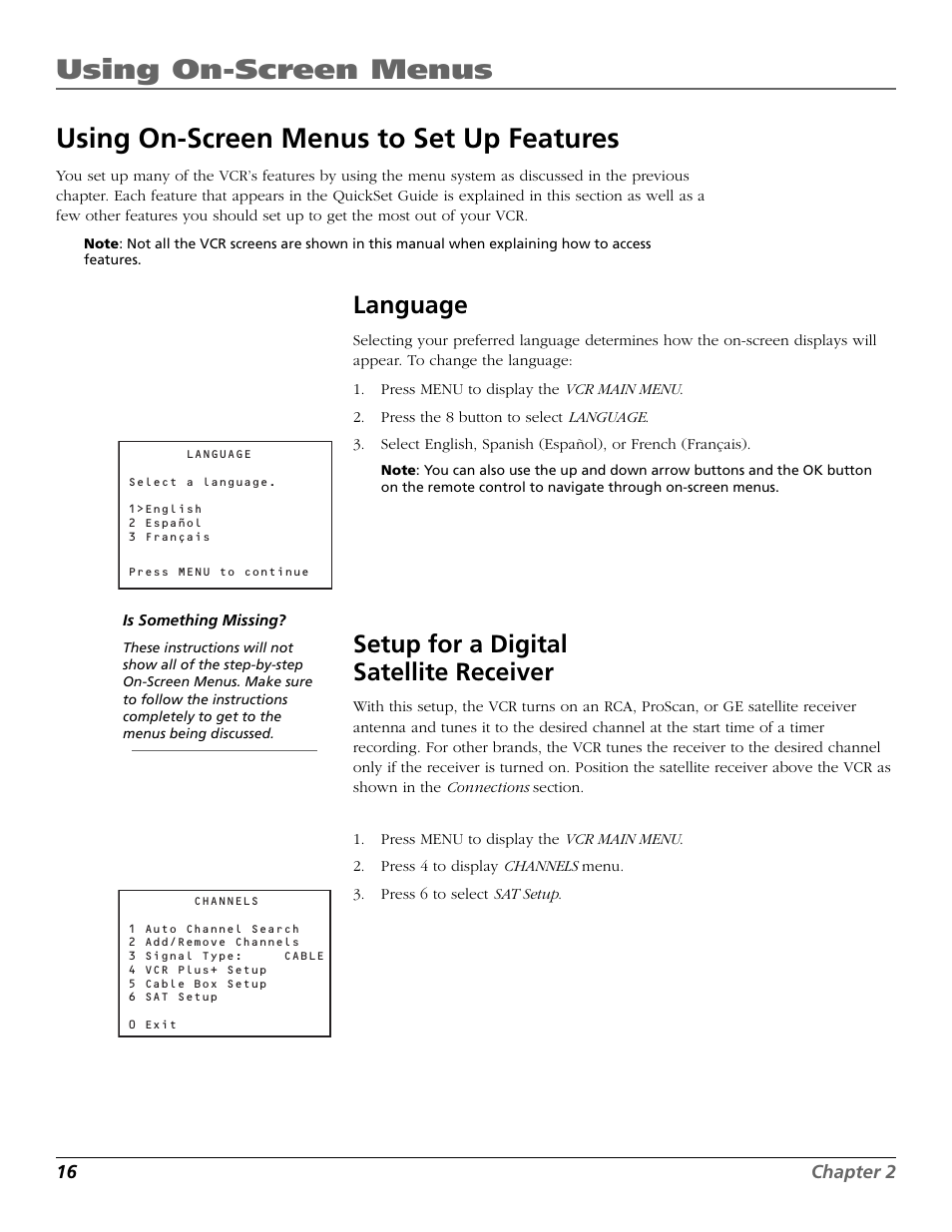 Using on-screen menus to set up features, Language, Setup for a digital satellite receiver | Cable box setup, Channels menu, Digital satellite receiver setup, Language menu, Menu button, Quickset guide, Cable box | RCA VR708HF User Manual | Page 18 / 68