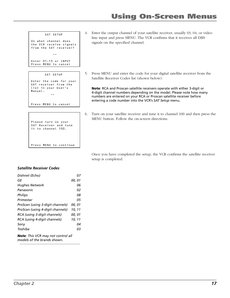 Satellite receiver codes, Cable box setup, Using on-screen menus | Chapter 2 17 | RCA VR708HF User Manual | Page 19 / 68