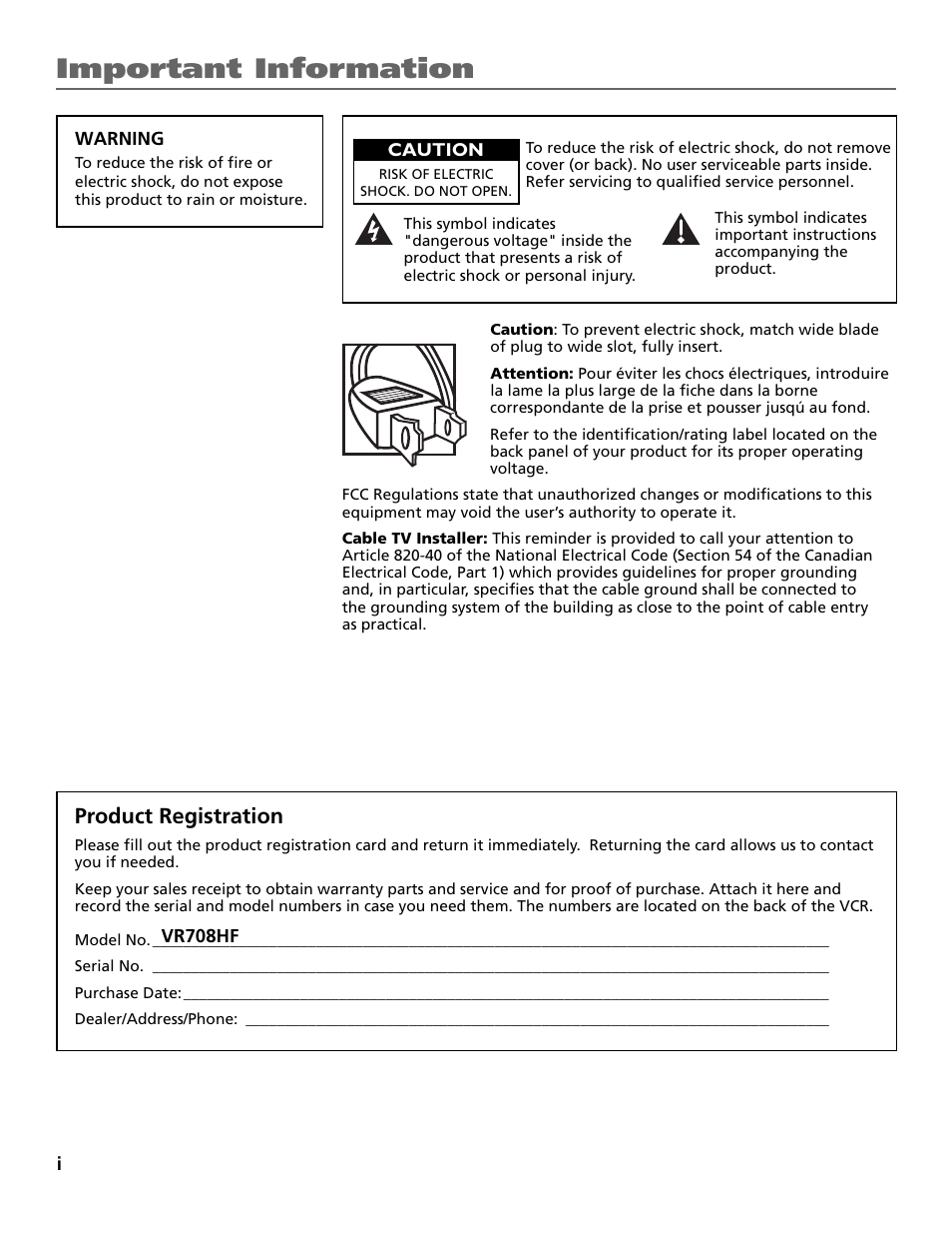 Product registration, Important information | RCA VR708HF User Manual | Page 2 / 68