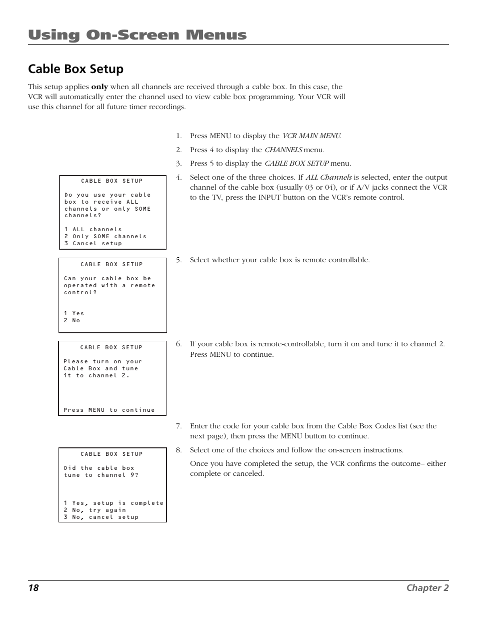 Cable box setup, Audio/video (a/v) jacks, Vcr channels list | Auto channel searching, Using on-screen menus, 18 chapter 2 | RCA VR708HF User Manual | Page 20 / 68