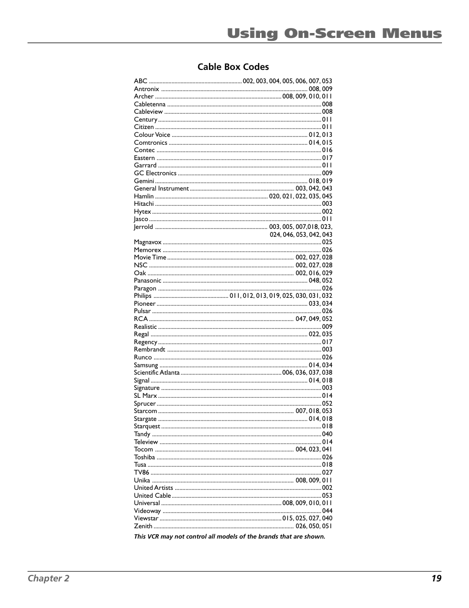 Cable box codes, Using on-screen menus | RCA VR708HF User Manual | Page 21 / 68