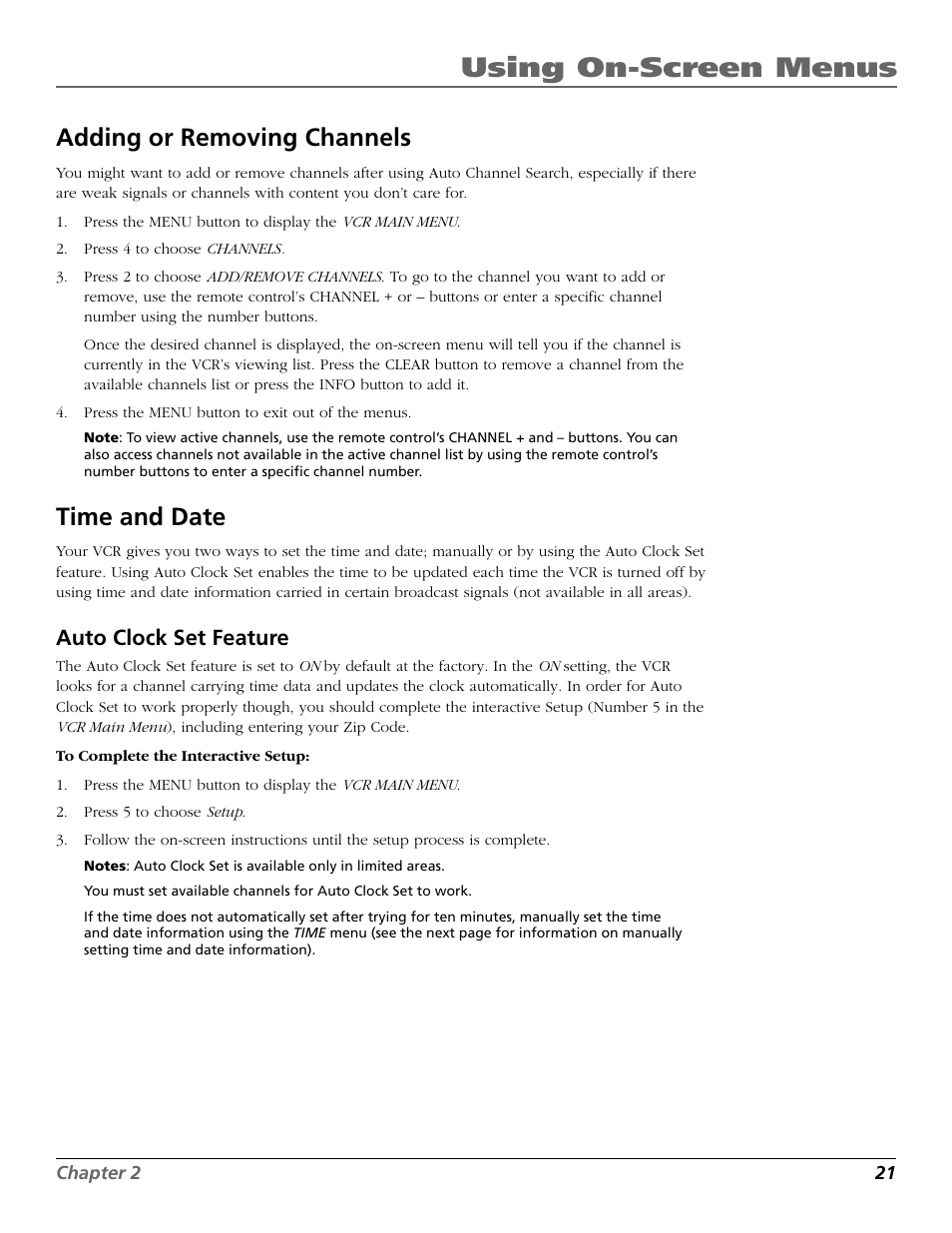 Adding or removing channels, Time and date, Auto clock set feature | Add/remove channels screen, Auto clock feature, Channels, adding/removing, Date and time setting, Removing/adding channels, To turn auto clock set on setting the time zone, Using on-screen menus | RCA VR708HF User Manual | Page 23 / 68