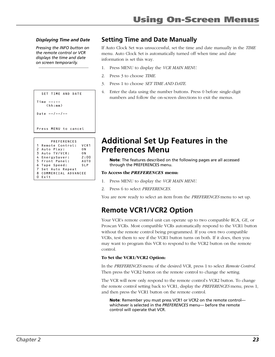Setting time and date manually, Additional set up features in the preferences menu, Remote vcr1/vcr2 option | Number buttons, Preferences menu, Auto play feature, Remote vcr1/vcr2 option auto play, Using on-screen menus | RCA VR708HF User Manual | Page 25 / 68