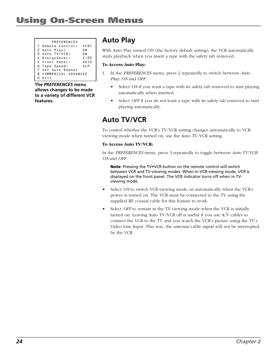 Auto play, Auto tv/vcr, Auto tv/vcr feature | Tv•vcr button, Auto tv/vcr energysaver, Using on-screen menus | RCA VR708HF User Manual | Page 26 / 68