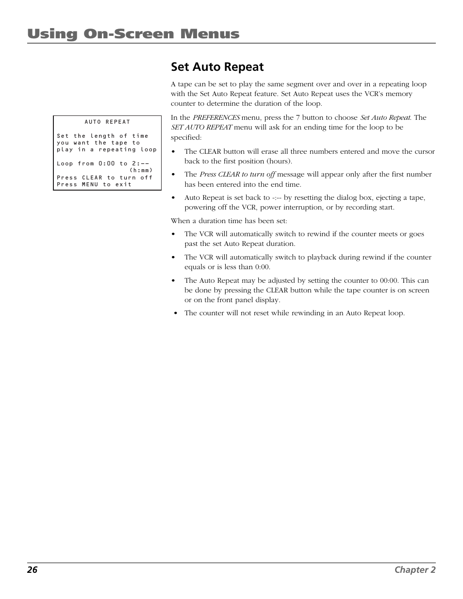 Set auto repeat, Using on-screen menus | RCA VR708HF User Manual | Page 28 / 68