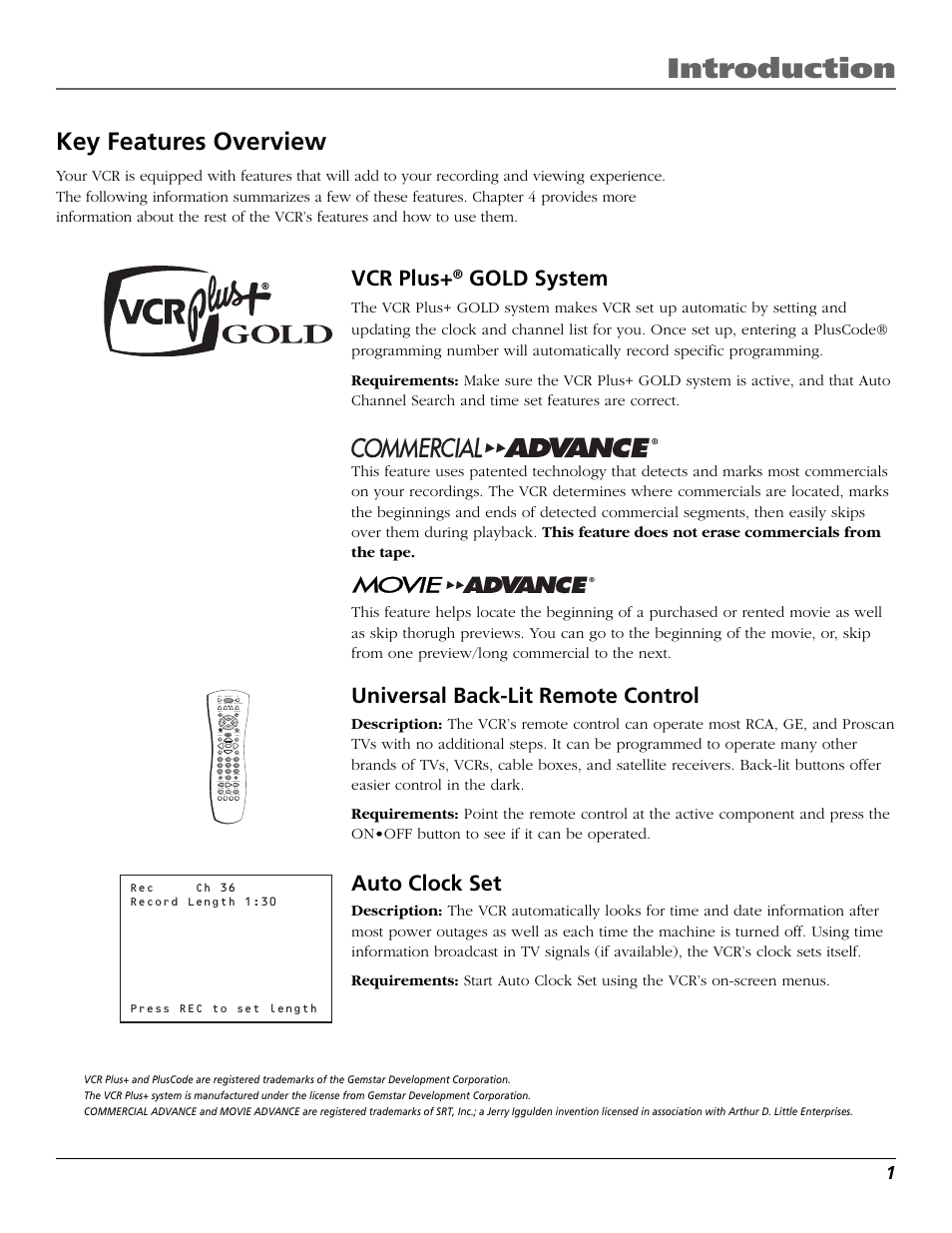 Introduction, Key features overview, Vcr plus | Gold system, Universal back-lit remote control, Auto clock set | RCA VR708HF User Manual | Page 3 / 68