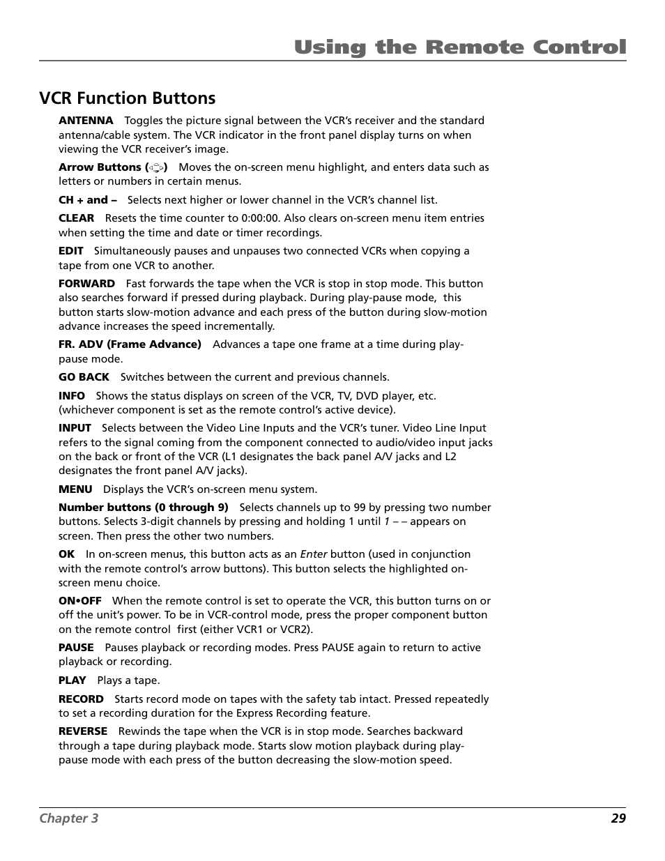 Ch + and - buttons, Clear button, Edit button | Fr. adv button, Go back button, Info button, Input button, Search button, Using the remote control, Vcr function buttons | RCA VR708HF User Manual | Page 31 / 68