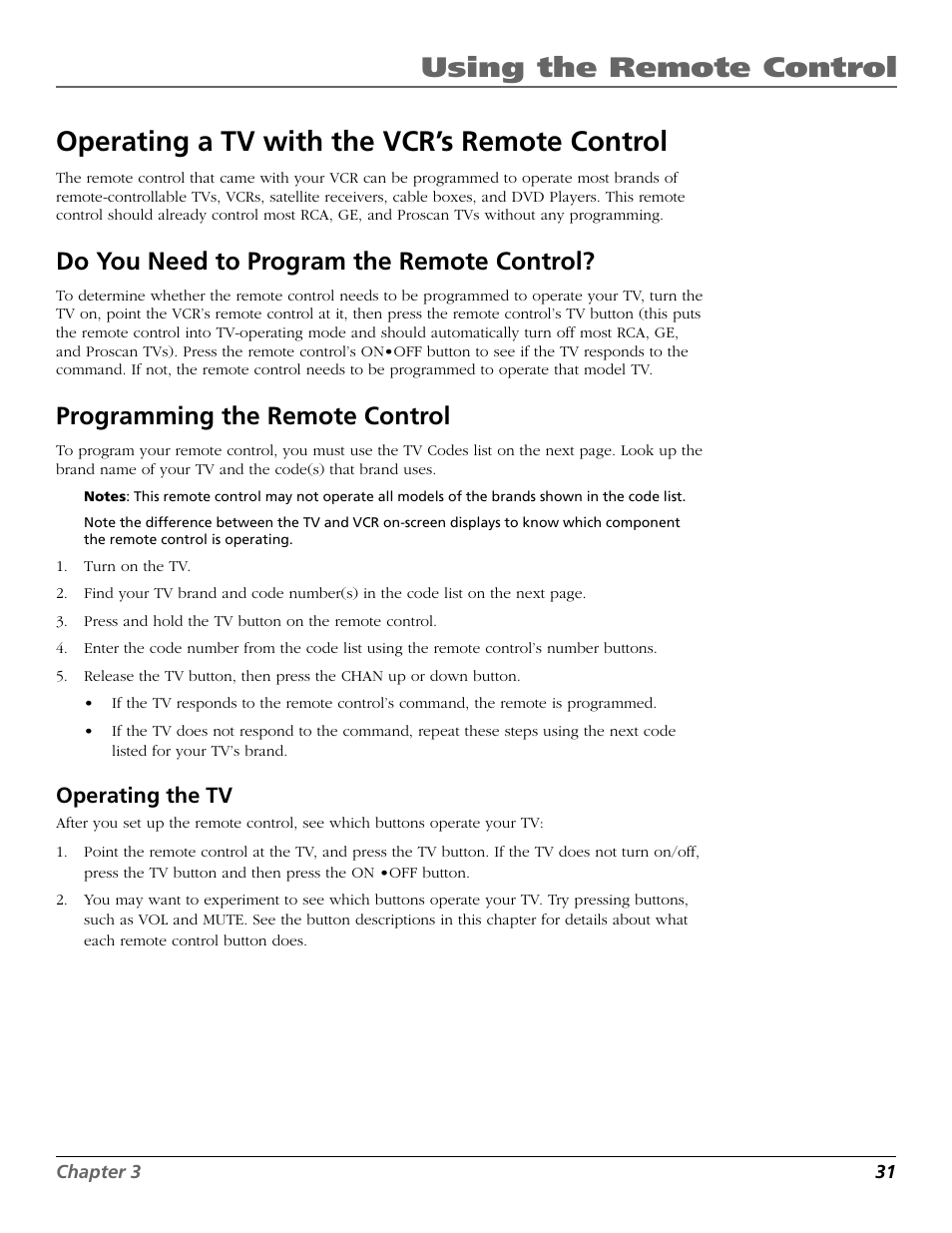 Operating a tv with the vcr’s remote control, Do you need to program the remote, Operating the tv | Do you need to program the remote control, Programming the remote control | RCA VR708HF User Manual | Page 33 / 68