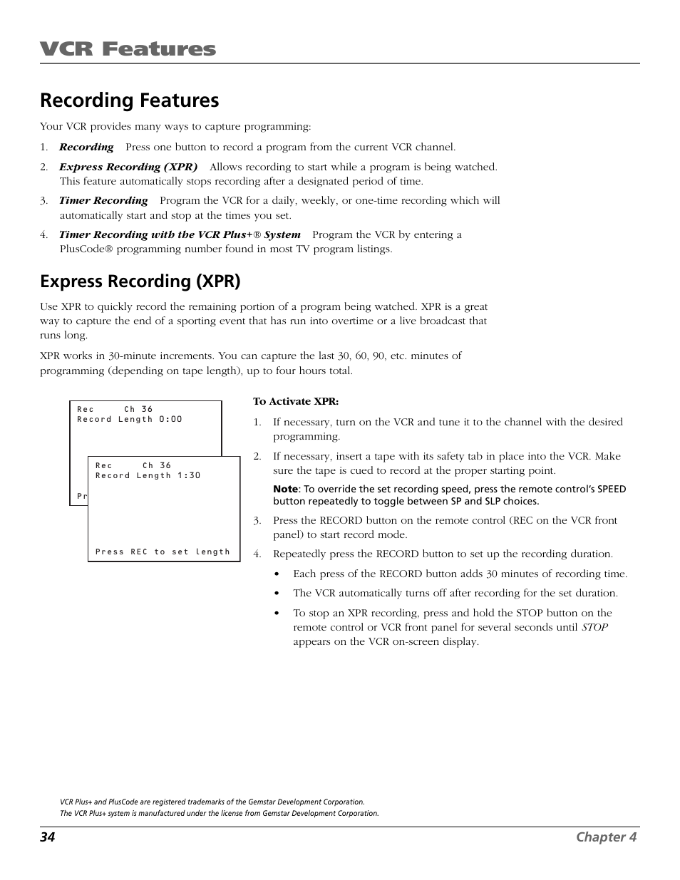 Recording features, Express recording (xpr), Express recording (xpr) timer recording | Vcr features | RCA VR708HF User Manual | Page 36 / 68