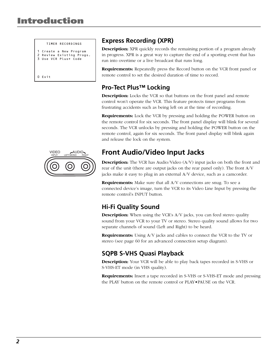 Express recording (xpr), Express (xpr), Introduction | Front audio/video input jacks, Pro-tect plus™ locking, Hi-fi quality sound, Sqpb s-vhs quasi playback | RCA VR708HF User Manual | Page 4 / 68