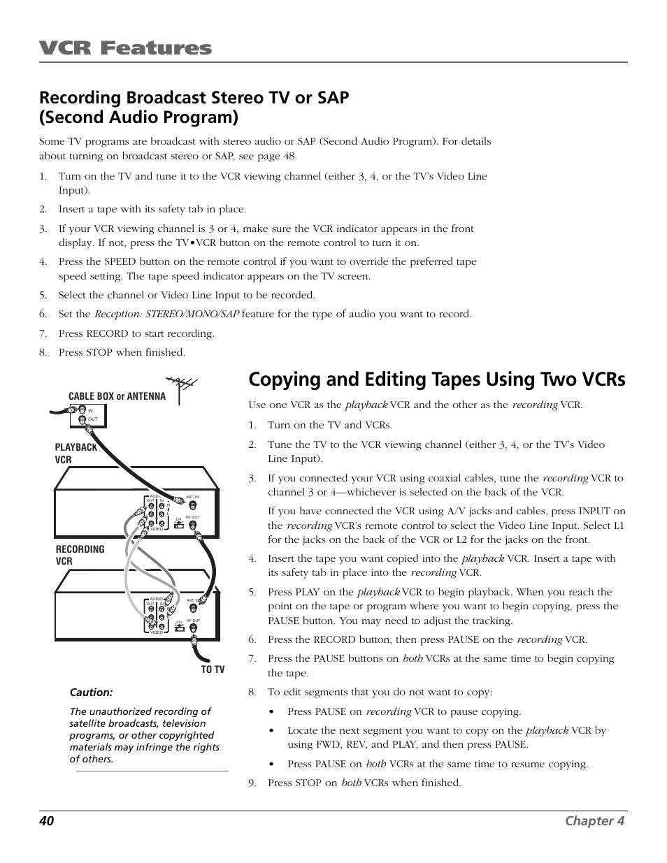 Copying and editing tapes using two vcrs, Broadcast stereo tv recording, Copying tapes | Fwd button, L1 indicator, L2 indicator, Reception: stereo/mono/sap feature, Broadcast stereo tv, Copying /editing tapes, Rev button | RCA VR708HF User Manual | Page 42 / 68