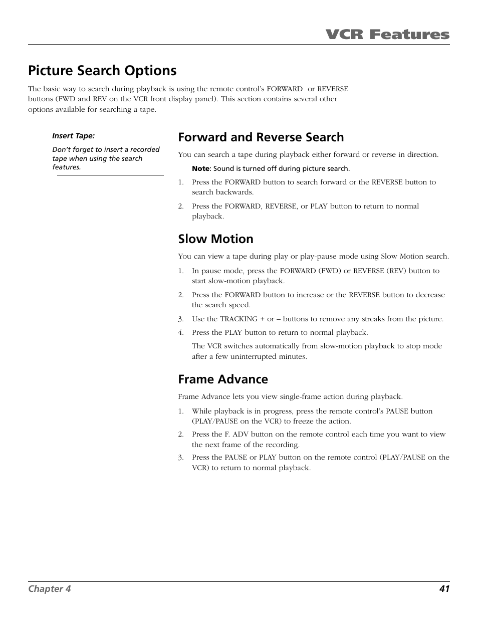 Picture search options, Forward and reverse search, Slow motion | Frame advance, Fr. adv button, Play/pause button, Forward, Reverse, Vcr features | RCA VR708HF User Manual | Page 43 / 68