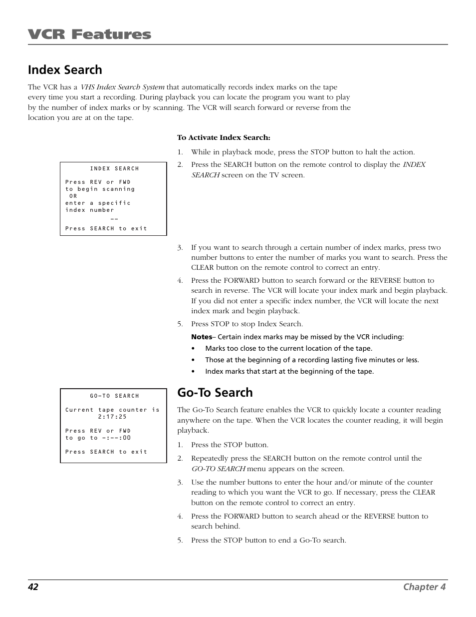 Index search, Go-to search, Index search go-to search | Vcr features | RCA VR708HF User Manual | Page 44 / 68