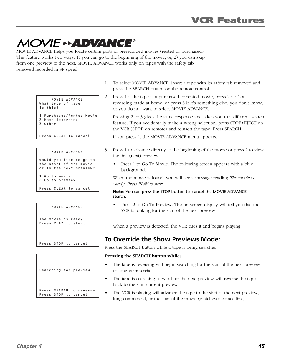 Movie advance, Pro-tect plus™ locking feature tracking, Vcr features | RCA VR708HF User Manual | Page 47 / 68