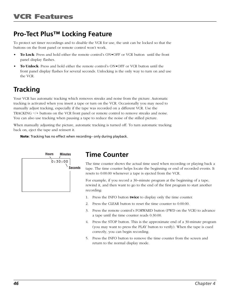 Pro-tect plus™ locking feature, Tracking, Time counter | Locking feature, Pro-tect plus locking feature, Time counter on-screen displays, Vcr features | RCA VR708HF User Manual | Page 48 / 68