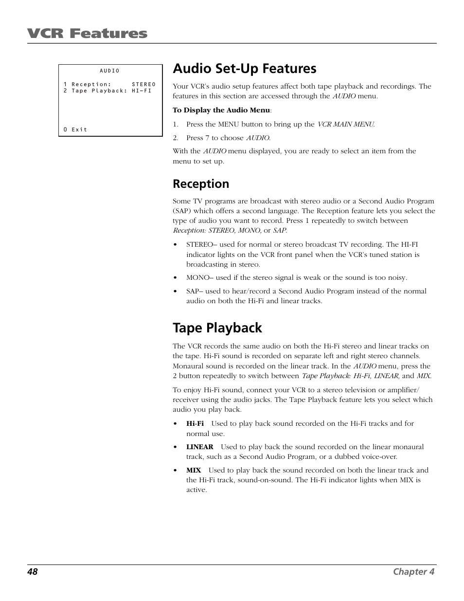 Audio set-up features, Reception, Tape playback | Playback type, Selecting, Audio features, set up, Audio menu, Tape playback feature, Tape playback: hi-fi/linear/mix, Vcr features | RCA VR708HF User Manual | Page 50 / 68