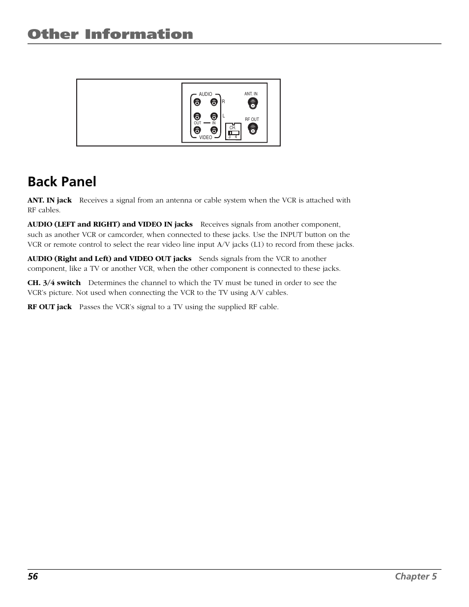 Back panel, Back panel jacks, Rf out jack | Other information, 56 chapter 5 | RCA VR708HF User Manual | Page 58 / 68