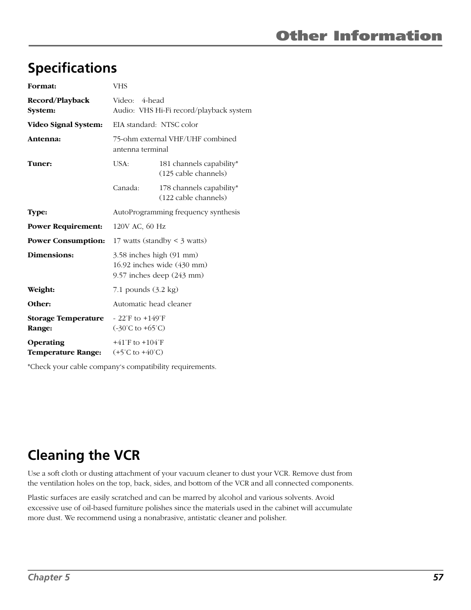 Specifications, Cleaning the vcr, Design specifications | Specifications cleaning the vcr, Other information specifications | RCA VR708HF User Manual | Page 59 / 68