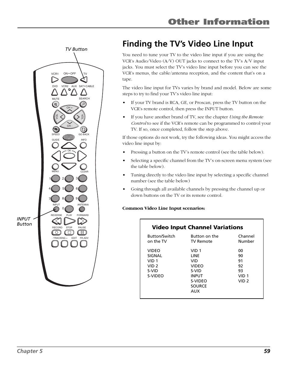 Finding the tv’s video line input, Video input channel, Chapter 5 59 | Video input channel variations | RCA VR708HF User Manual | Page 61 / 68