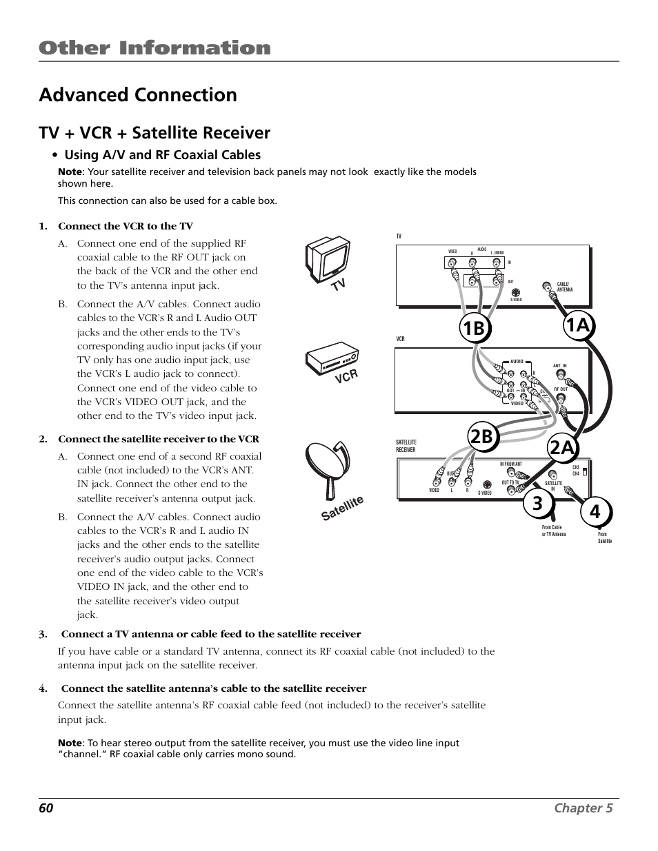 Advanced connection, Audio in jacks, Other information | 1a 4 3, 1b 2a 2b, Tv + vcr + satellite receiver, 60 chapter 5, Using a/v and rf coaxial cables, Tv satellite | RCA VR708HF User Manual | Page 62 / 68