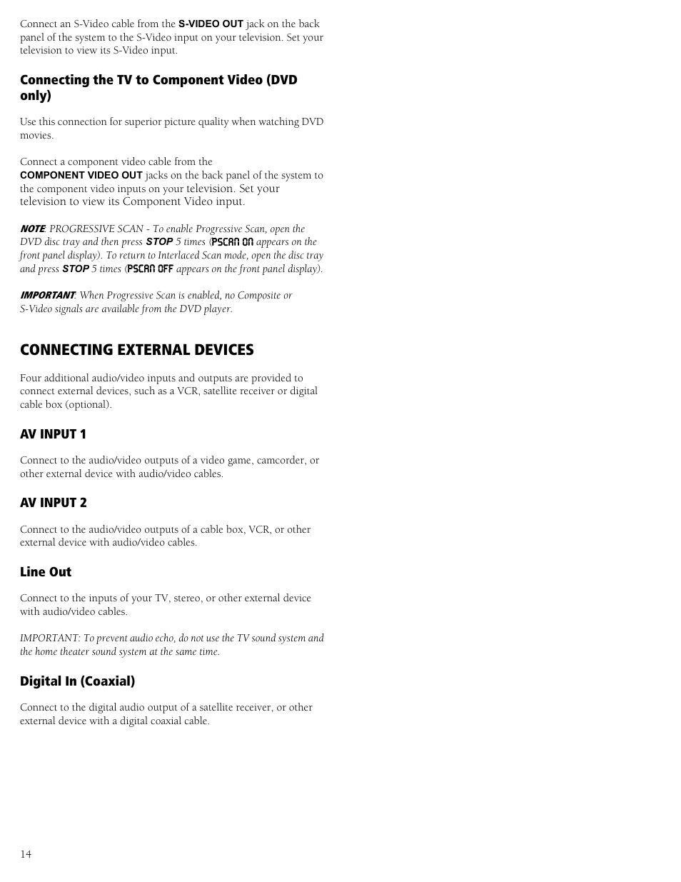 Connecting the tv to component video (dvd only), Connecting external devices, Line 1 in line 2 in line out digital in (coaxial) | RCA 31-5030 User Manual | Page 14 / 28