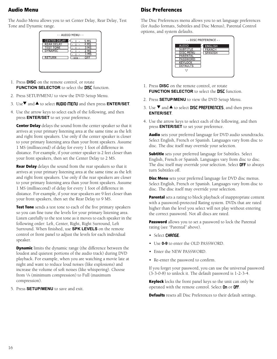 Audio menu disc preferences, Audio menu, Disc preferences | RCA 31-5030 User Manual | Page 16 / 28