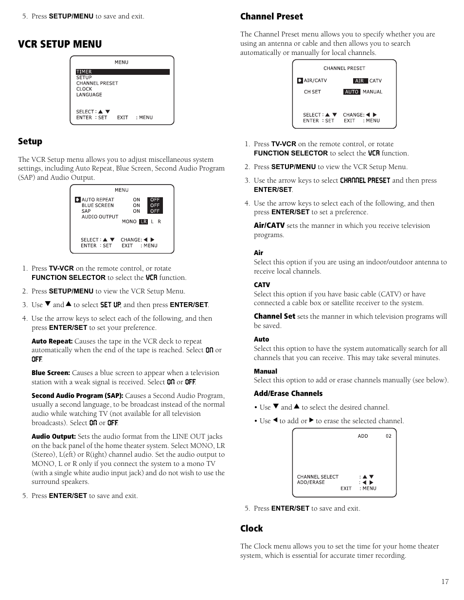 Vcr setup menu, Setup channel preset clock, Setup | Channel preset, Clock, Set up | RCA 31-5030 User Manual | Page 17 / 28