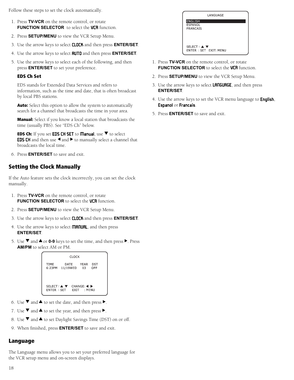 Setting the clock manually language, Setting the clock manually, Language | RCA 31-5030 User Manual | Page 18 / 28