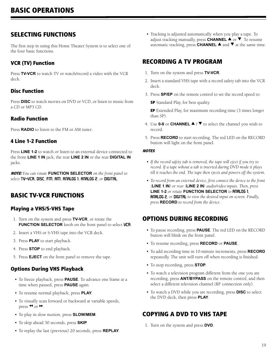 Basic operations, Selecting functions, Basic tv-vcr functions | Recording a tv program, Options during recording, Copying a dvd to vhs tape | RCA 31-5030 User Manual | Page 19 / 28