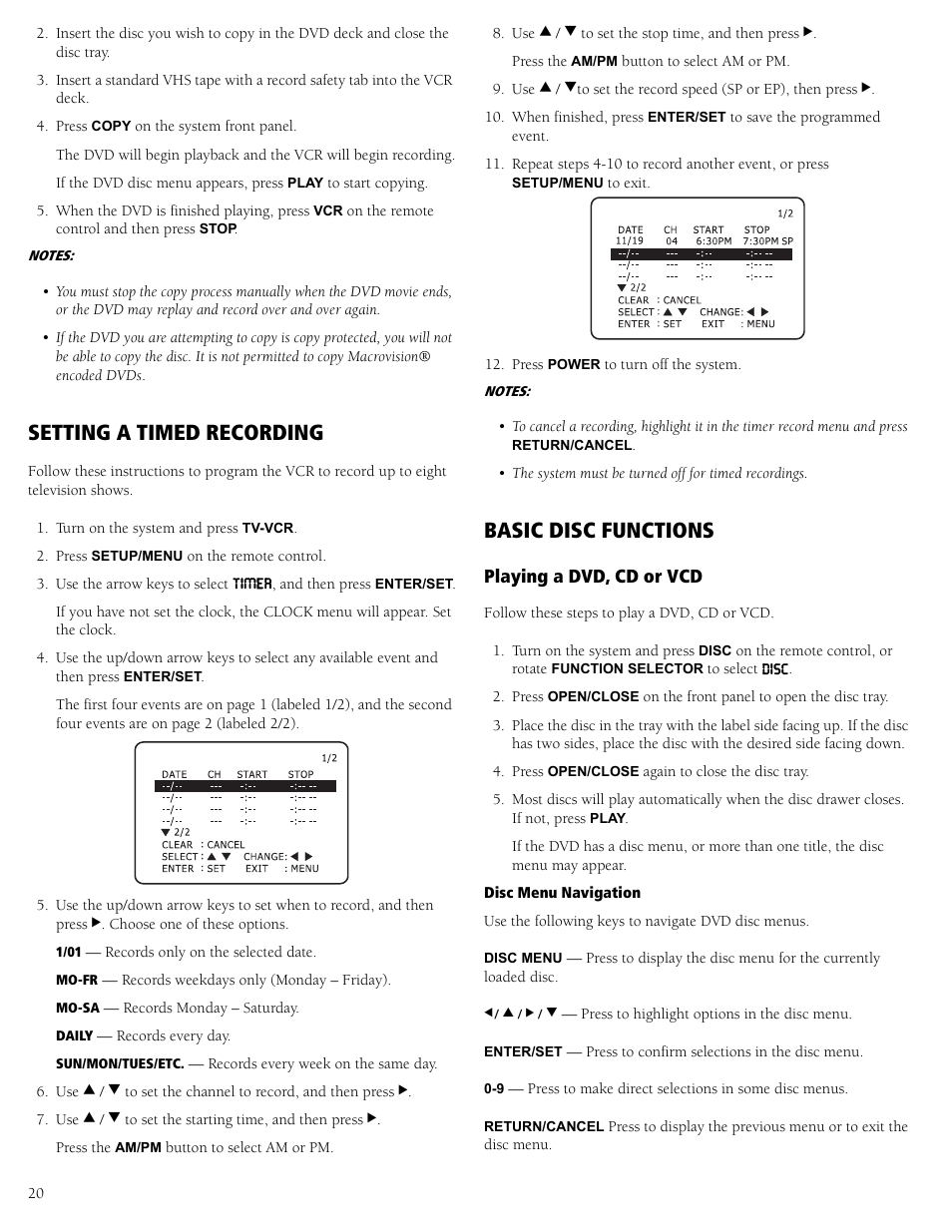 Setting a timed recording basic disc functions, Playing a dvd, cd or vcd, Setting a timed recording | Basic disc functions, Timer, Disc | RCA 31-5030 User Manual | Page 20 / 28