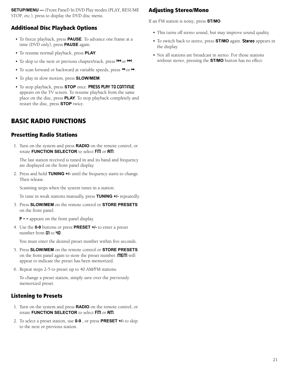 Additional disc playback options, Basic radio functions | RCA 31-5030 User Manual | Page 21 / 28