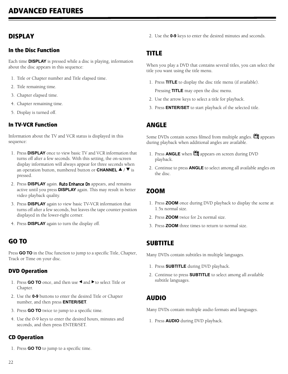 Advanced features, Display go to title angle zoom subtitle audio, Display | Go to, Title, Angle, Zoom, Subtitle, Audio | RCA 31-5030 User Manual | Page 22 / 28