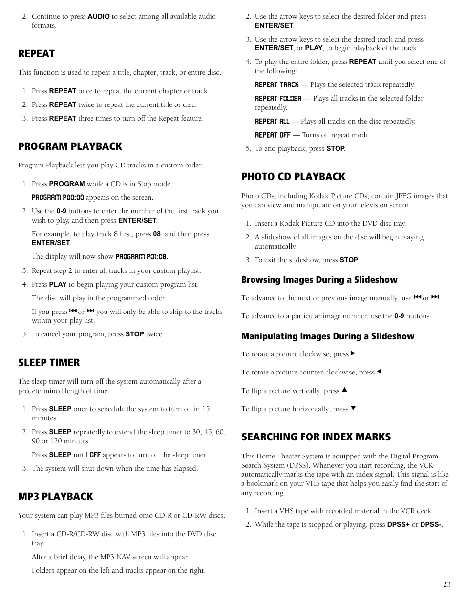 Repeat, Program playback, Sleep timer | Mp3 playback, Photo cd playback, Searching for index marks | RCA 31-5030 User Manual | Page 23 / 28