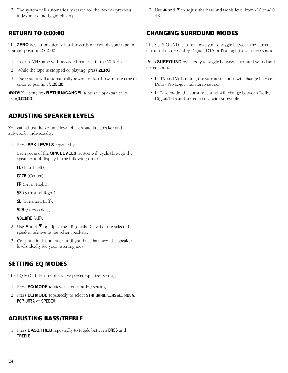 Adjusting speaker levels, Setting eq modes, Adjusting bass/treble | Changing surround modes | RCA 31-5030 User Manual | Page 24 / 28