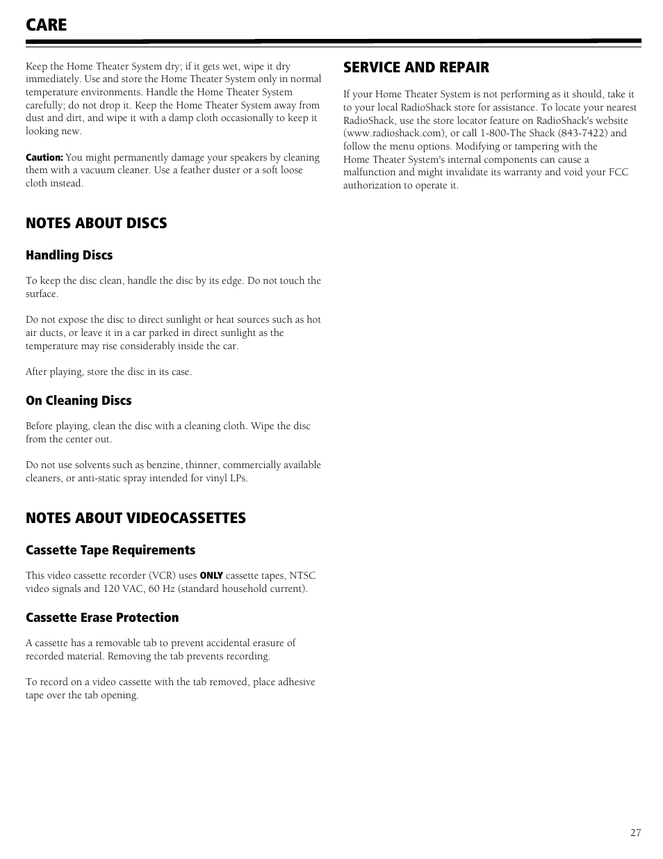 Care, Notes about discs, Handling discs on cleaning discs | Notes about videocassettes, Service and repair | RCA 31-5030 User Manual | Page 27 / 28