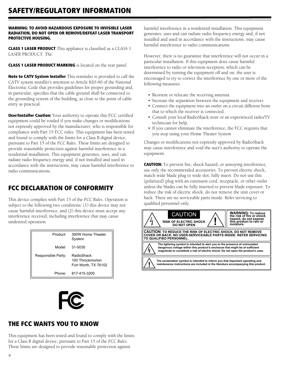 Safety/regulatory information, Fcc declaration of conformity, The fcc wants you to know | Caution | RCA 31-5030 User Manual | Page 4 / 28