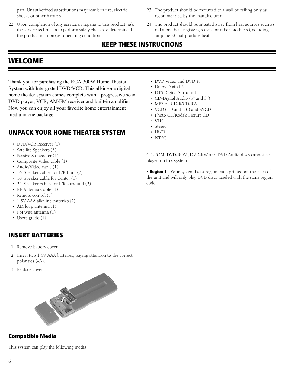 Welcome, Unpack your home theater system insert batteries, Compatible media | Keep these instructions, Unpack your home theater system, Insert batteries | RCA 31-5030 User Manual | Page 6 / 28