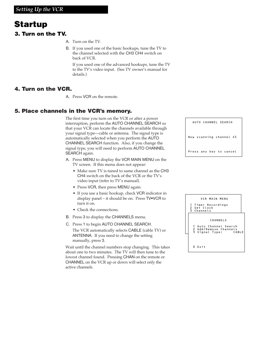 Startup, Setting up the vcr, Turn on the tv | Turn on the vcr | RCA VR609HF User Manual | Page 10 / 40