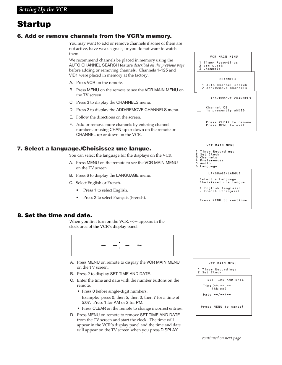 Startup, 9setting up the vcr 8. set the time and date, Select a language./choisissez une langue | RCA VR609HF User Manual | Page 11 / 40