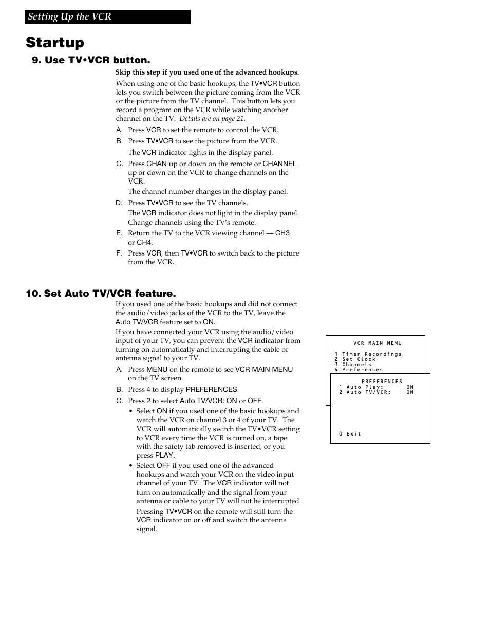 Startup, 10 9. use tv•vcr button, Set auto tv/vcr feature | Setting up the vcr | RCA VR609HF User Manual | Page 12 / 40