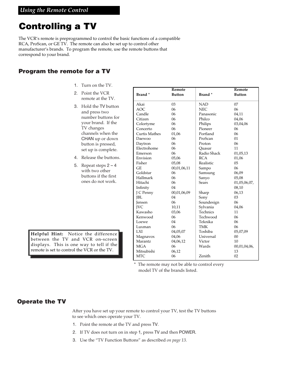 Using the remote control, Controlling a tv, 11 using the remote control | Program the remote for a tv operate the tv | RCA VR609HF User Manual | Page 13 / 40