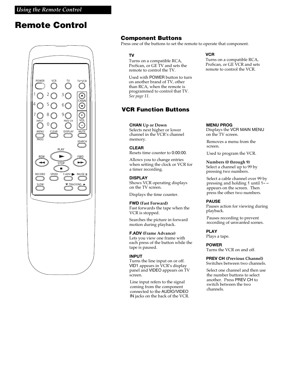 Remote control, Vcr function buttons using the remote control, Component buttons | RCA VR609HF User Manual | Page 14 / 40