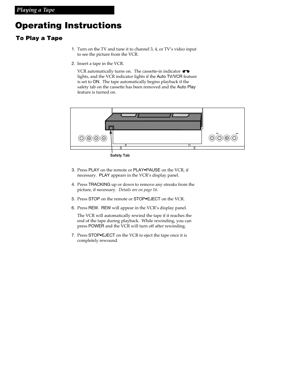 Playing a tape, Operating instructions, 14 playing a tape | RCA VR609HF User Manual | Page 16 / 40