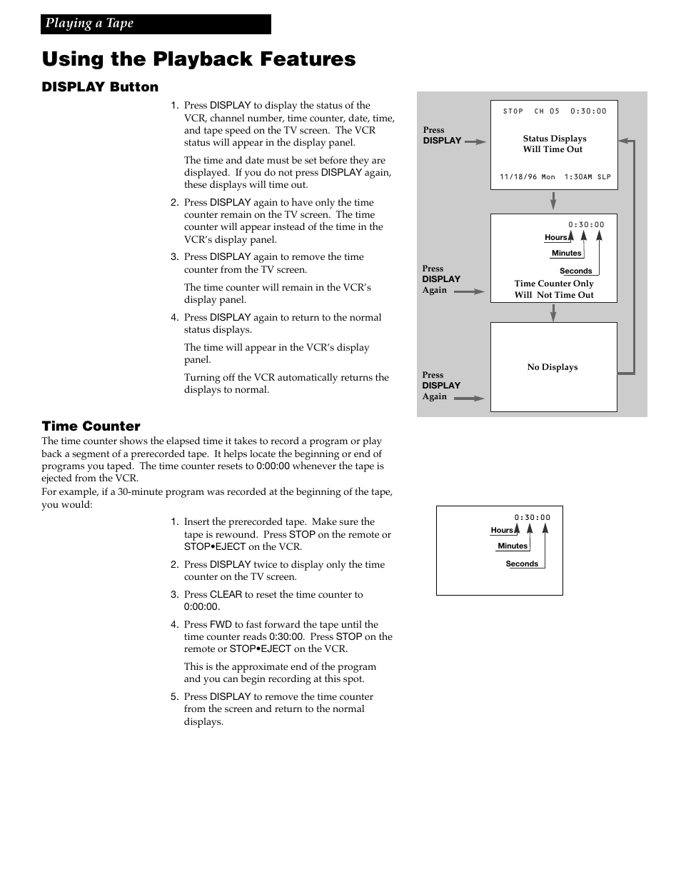 Using the playback features, Playing a tape display button, Time counter | RCA VR609HF User Manual | Page 19 / 40