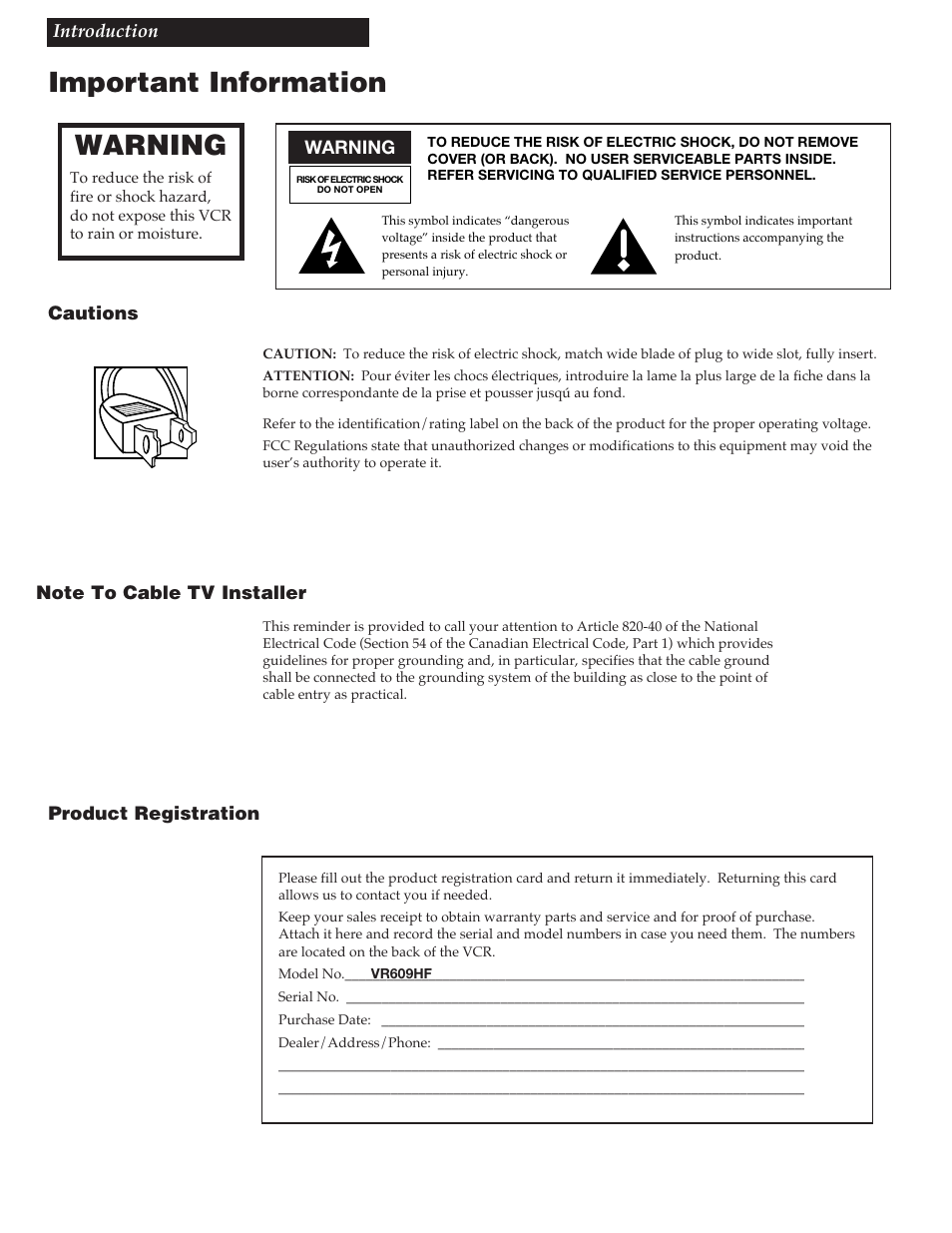 Important information, Warning, Cautions | Note to cable tv installer, Product registration | RCA VR609HF User Manual | Page 2 / 40