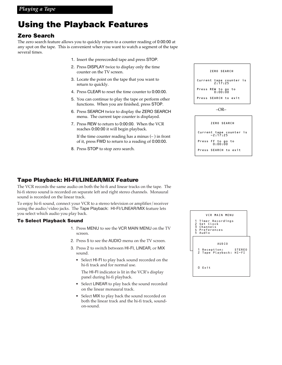 Using the playback features, Playing a tape zero search, Tape playback: hi-fi/linear/mix feature | RCA VR609HF User Manual | Page 21 / 40