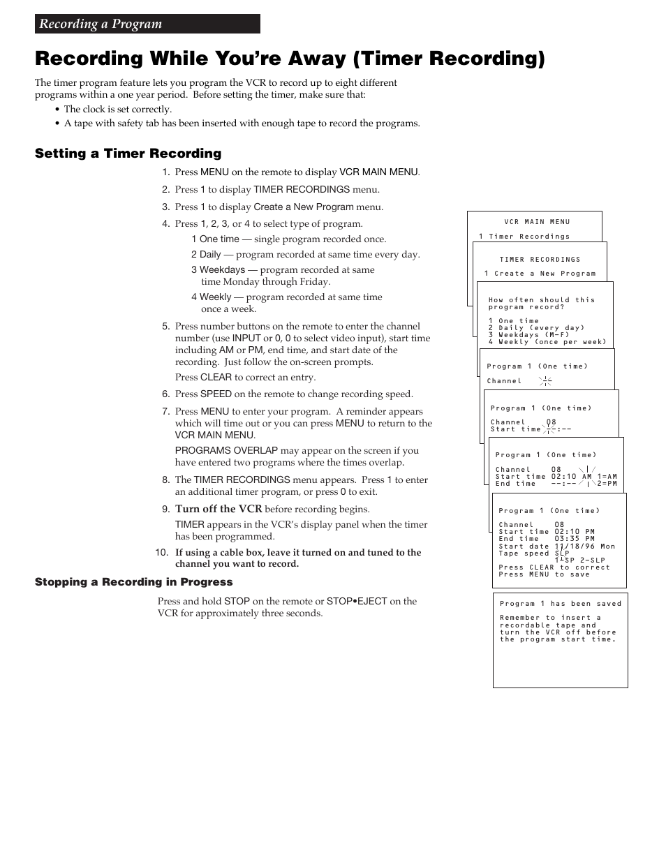 Recording while you’re away, Recording while you’re away (timer recording), Recording a program | Setting a timer recording | RCA VR609HF User Manual | Page 24 / 40