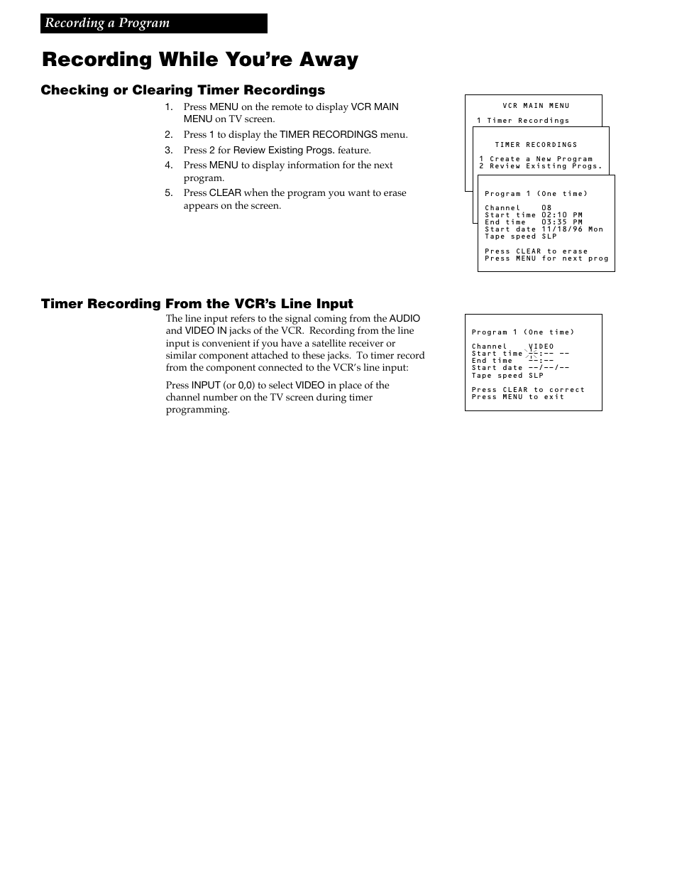 Recording while you’re away, Timer recording from the vcr’s line input | RCA VR609HF User Manual | Page 25 / 40