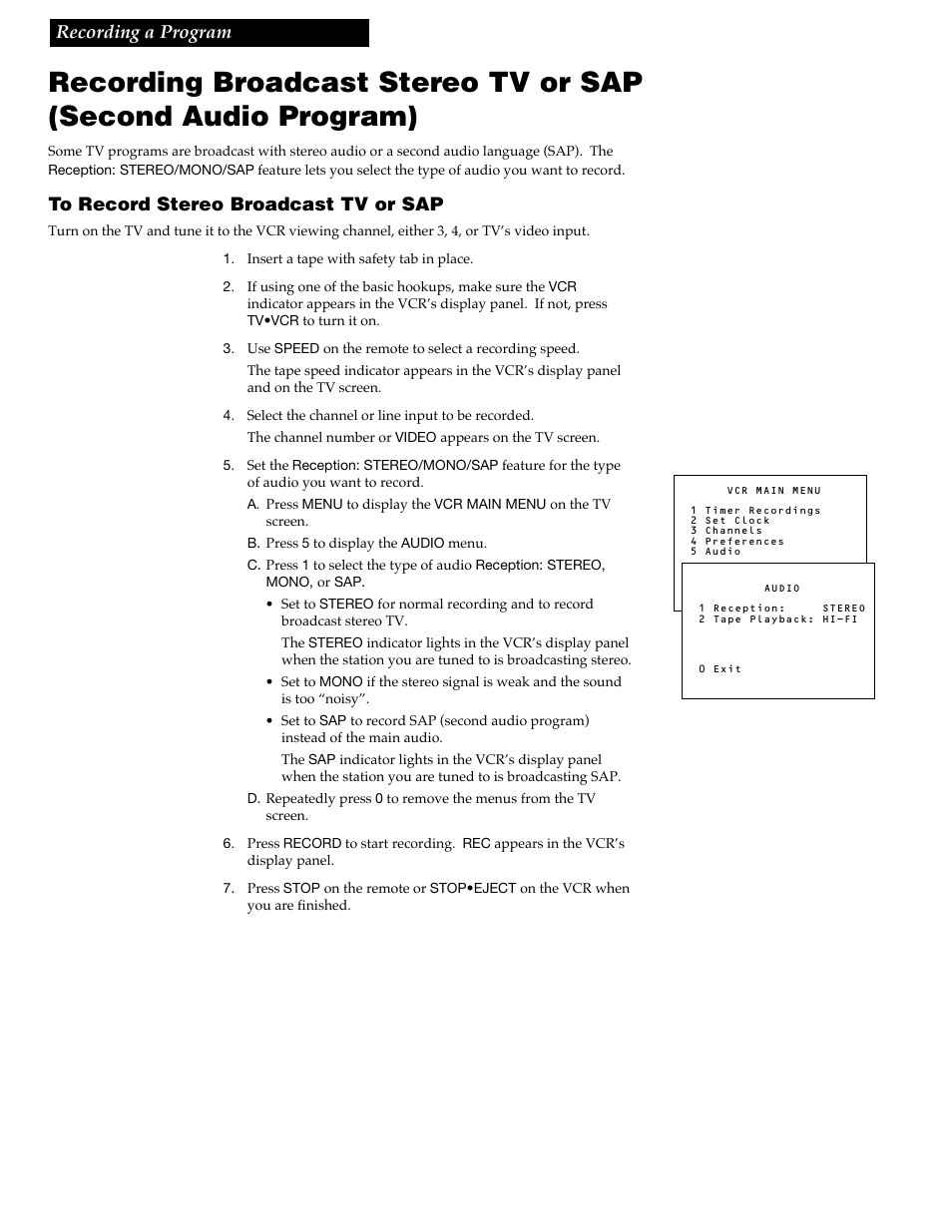 Recording broadcast stereo tv or sap, 24 to record stereo broadcast tv or sap, Recording a program | RCA VR609HF User Manual | Page 26 / 40