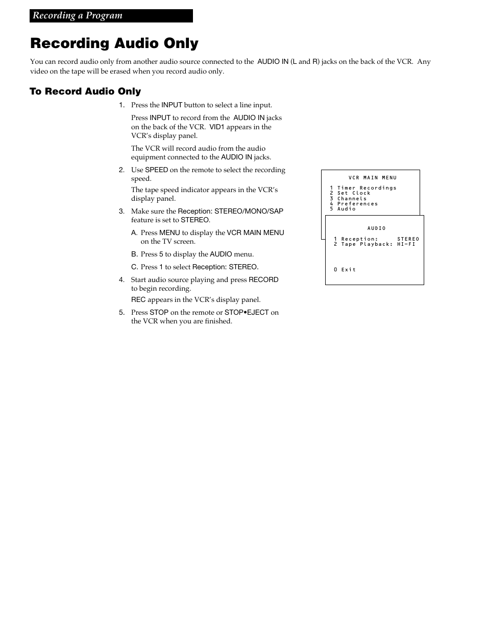 Recording audio only, Recording a program | RCA VR609HF User Manual | Page 27 / 40